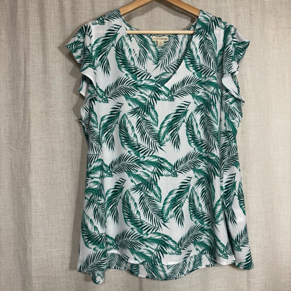 Maison Jules Tops - Maison Jules Palm Tree Flutter Sleeve Tank Top Tropical Coastal Green White 2X